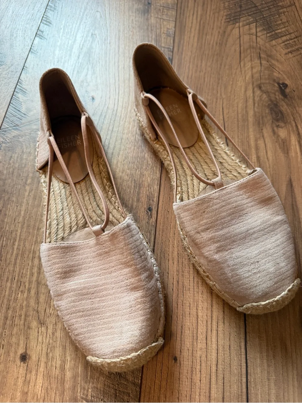 Eileen Fisher Blush Nude Suede Metallic stripe Espadrille Flats 7 strappy ballet